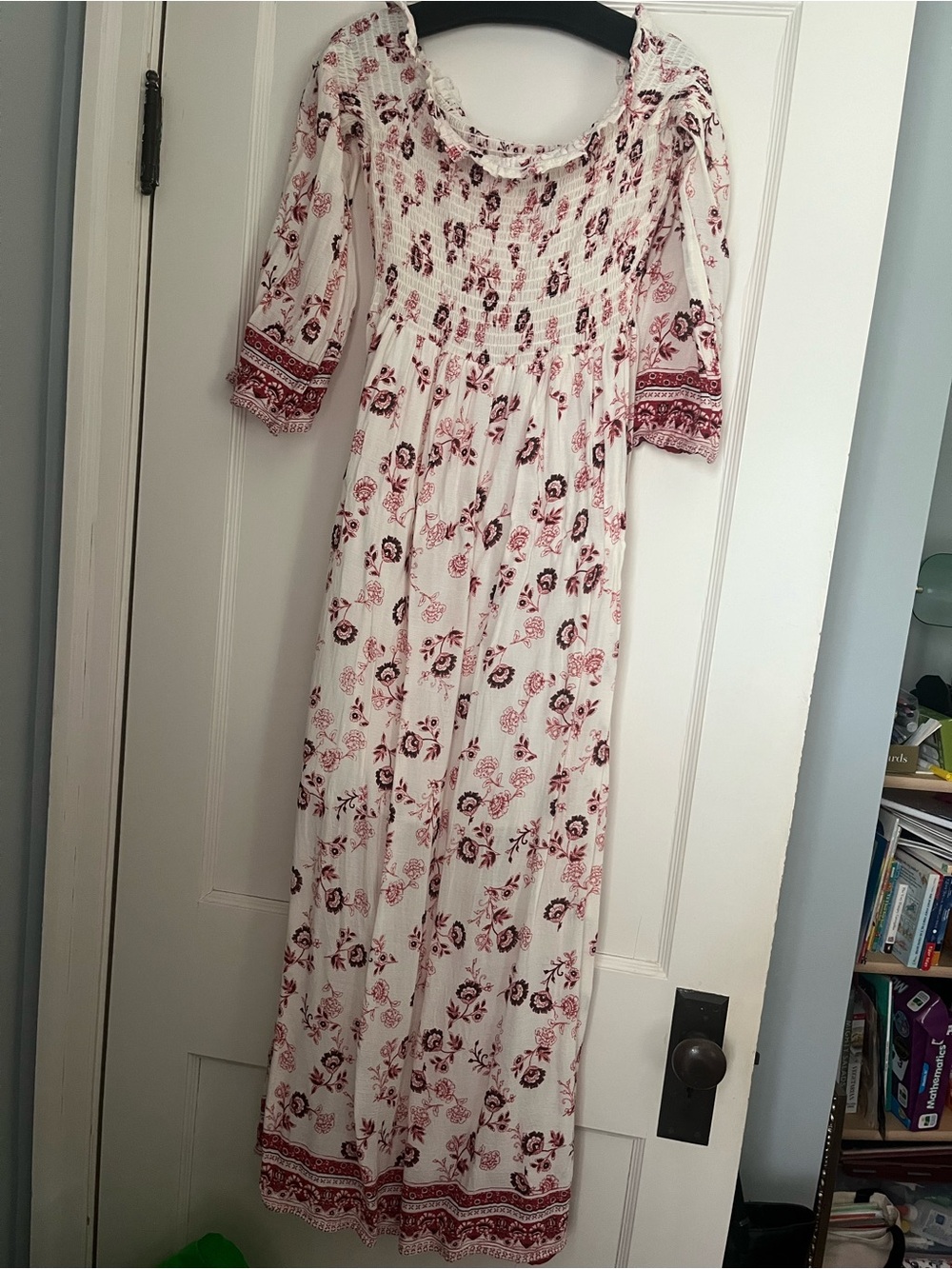 Altar’d State Off-Shoulder White and Burgundy Floral Boho Maxi Dress